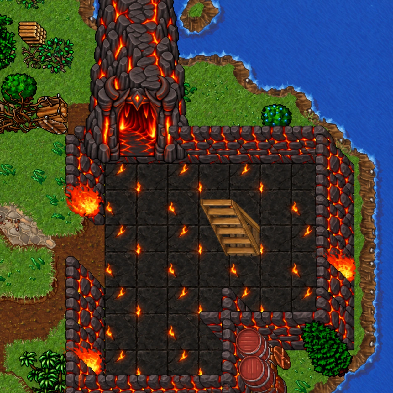 Volcanic dungeon entrance with basalt walls and glowing lava
